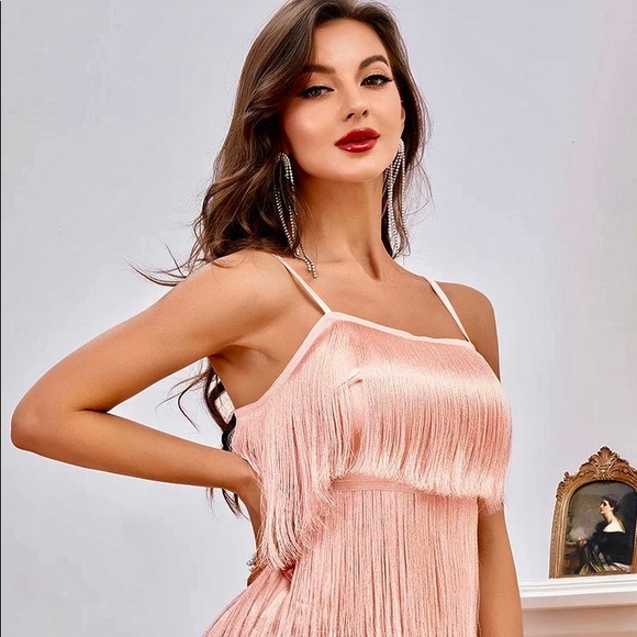 NWT SML pale pink silky tassel fringe deep V gatsby salsa various sizes imOgen - Picture 4 of 15